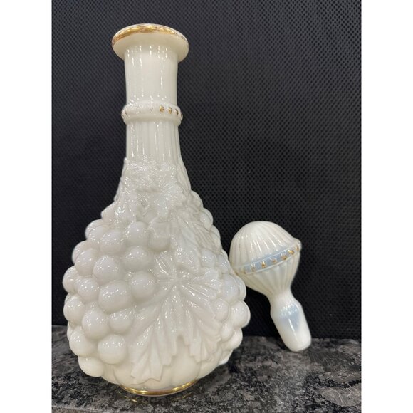 Vintage Grape Cluster Milk Glass Decanter With Gold Accents & Stopper - Picture 3 of 9